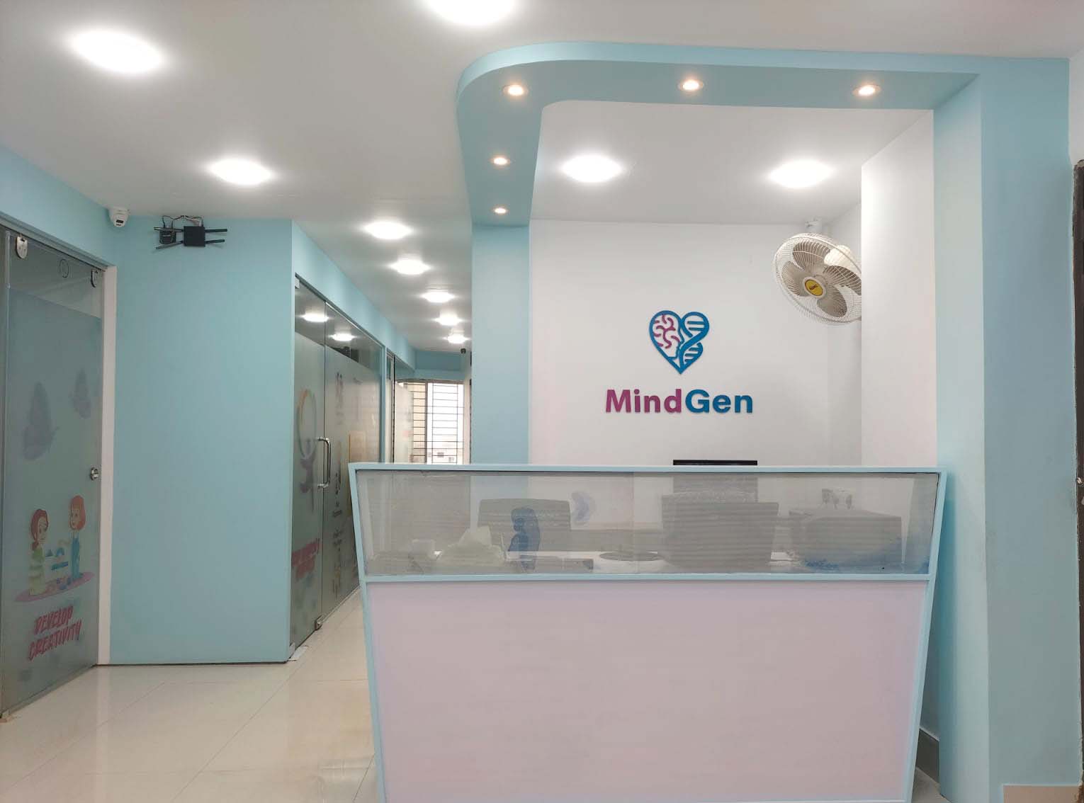 MindGen reception area with brand signage